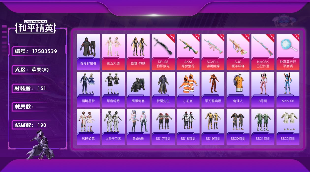 和平精英账号苹果QQ[17583539]苹果 手Q-2粉装-6特效枪-0载具-2粉色飞行器-59225热力值-15王牌印记-151套装-190枪皮
【热门品类】：套装-小丑鱼，套装-奇异狩猎者，角色-军刀雅典娜，套装-龟