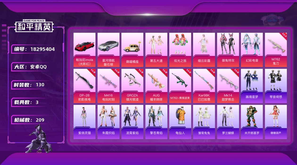 和平精英账号安卓QQ[18295404]安卓 手Q-5粉装-8特效枪-3载具-2粉色飞行器-62242热力值-11王牌印记-130套装-209枪皮
【热门品类】：套装-龟仙人
【粉色套装】：粉装-第五大道，粉装-炫光之旅