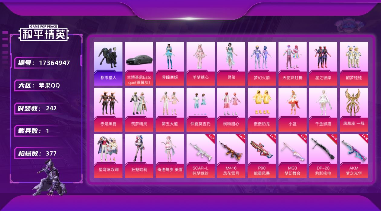 和平精英账号苹果QQ[17364947]苹果 手Q-19粉装-17特效枪-1载具-13粉色飞行器-123633热力值-21王牌印记-242套装-377枪皮
【热门品类】：粉装-梦幻火箭，套装-都市猎人，套装-小丑鱼，角色