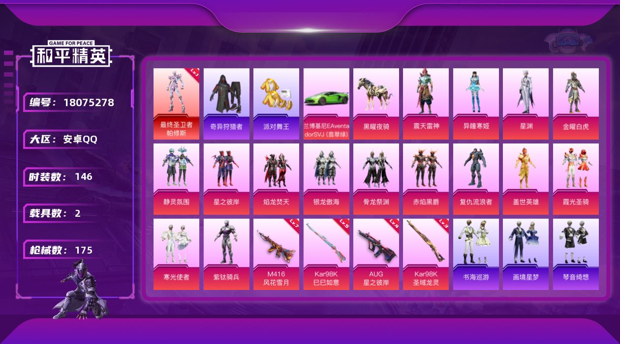 和平精英账号安卓QQ[18075278]【特价出售/店主推荐】/绝世印记1 安卓 手Q-1神装-16粉装-6特效枪-2载具-8粉色飞行器-63756热力值-8王牌印记-146套装-175枪皮【红色神装等级】：最终圣卫者-