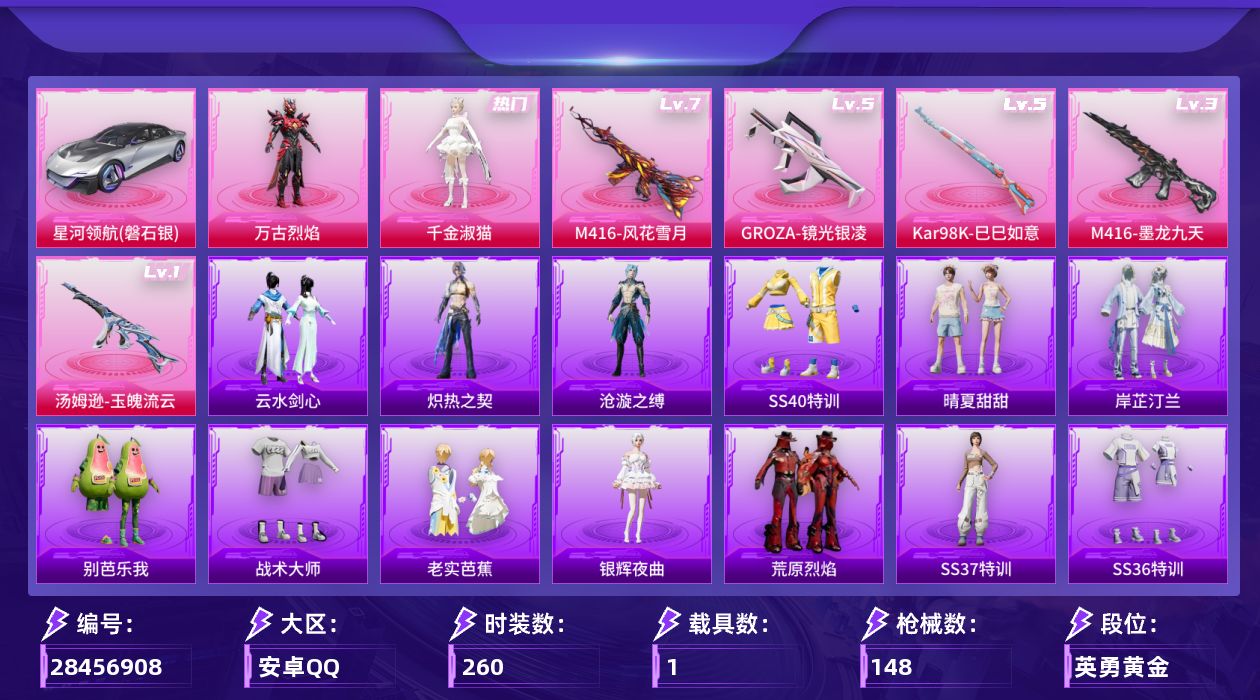 []2粉装 5特效枪 1载具 6印记 不可二次 不可修改实名 
【热门装扮】千金淑猫,万古烈焰
【载具】星河领航(磐石银)
【稀有枪皮】GROZA-镜光银凌,Kar98K-巳巳如意,汤姆逊-玉魄流云,M416墨龙九天,M416风花雪月
【七级特效枪】七级M416-风花雪月
【五级特效