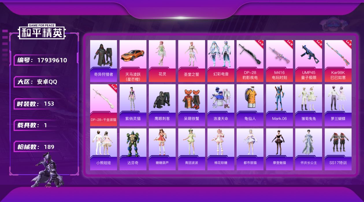 和平精英账号安卓QQ[17939610]安卓 手Q-3粉装-6特效枪-1载具-2粉色飞行器-56064热力值-13王牌印记-153套装-189枪皮
【热门品类】：套装-浪漫天命，套装-奇异狩猎者，套装-龟仙人，角色-Ma