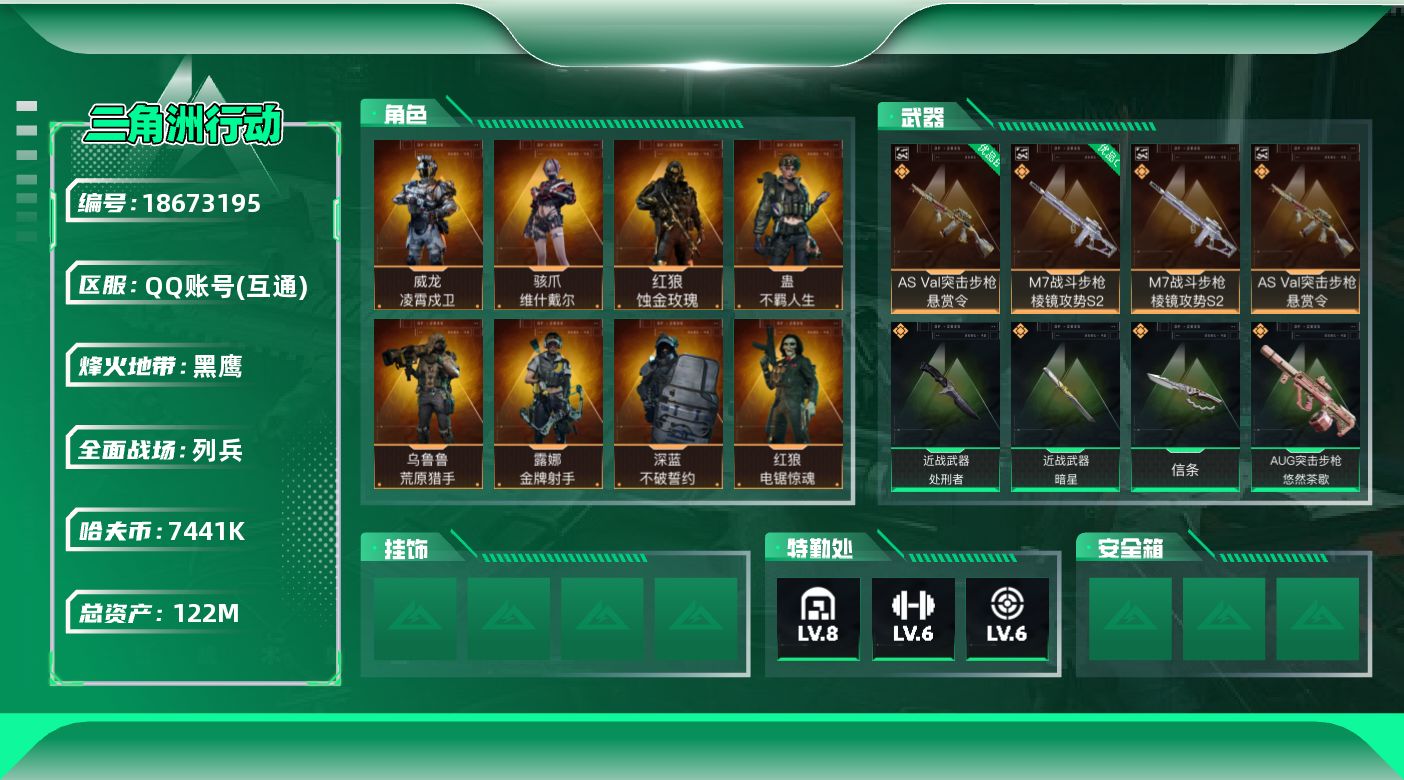 三角洲行动账号QQ【5191】122m总资产-7441k哈夫币-60烽火等级-黑鹰-8战场等级-列兵
【干员外观】：红