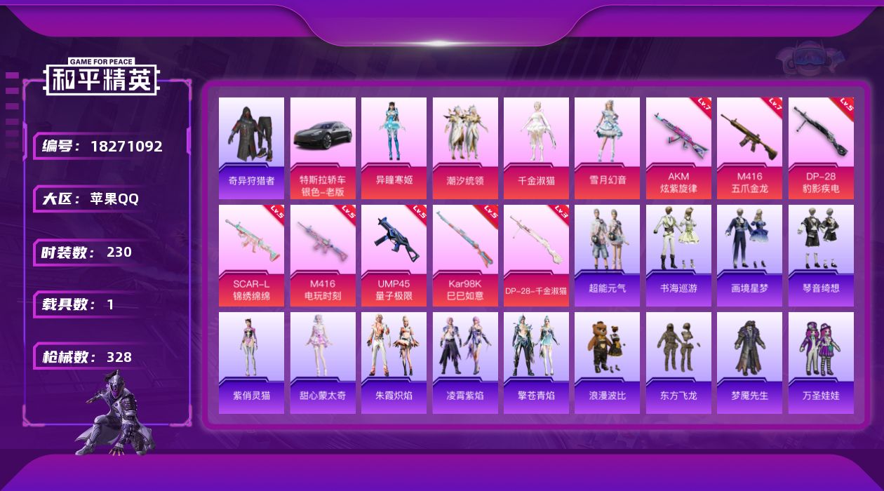 和平精英账号苹果QQ[18271092]苹果 手Q-4粉装-10特效枪-1载具-1粉色飞行器-98310热力值-29王牌印记-230套装-328枪皮
【热门品类】：套装-浪漫天命，套装-奇异狩猎者，角色-军刀雅典娜，套装