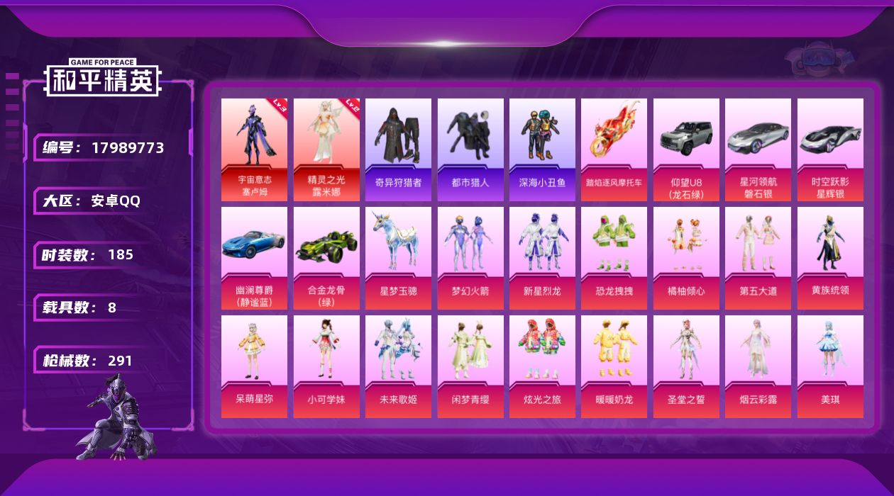 和平精英账号安卓QQ[17989773]安卓 手Q-2神装-22粉装-17特效枪-8载具-9粉色飞行器-108889热力值-13王牌印记-185套装-291枪皮
【红色神装等级】：精灵之光-露米娜(二级)，宇宙意志-塞卢