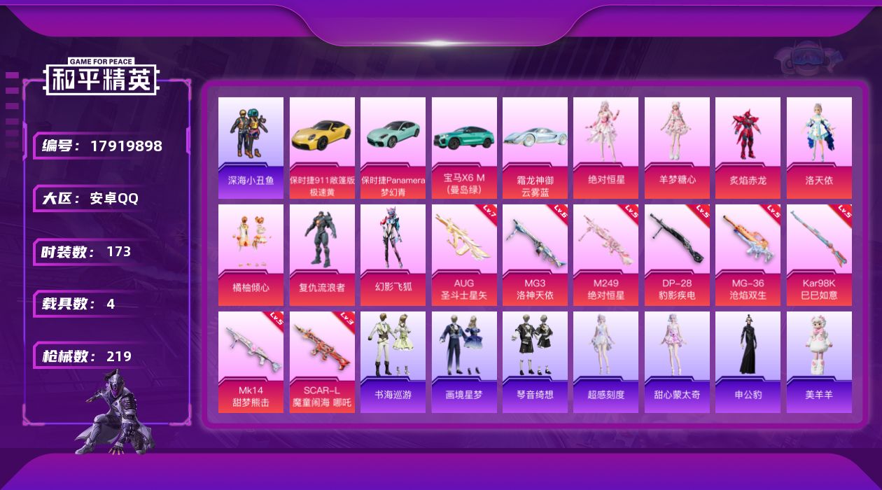 和平精英账号安卓QQ[17919898]安卓 手Q-7粉装-12特效枪-4载具-9粉色飞行器-76555热力值-11王牌印记-173套装-219枪皮
【热门品类】：套装-深海小丑鱼，角色-军刀雅典娜，套装-龟仙人，套装-