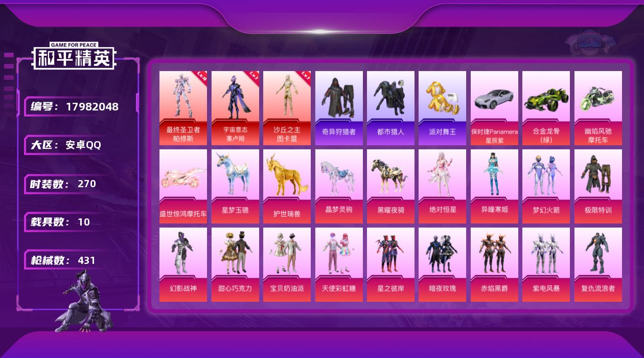 和平精英账号安卓QQ[17982048]安卓 手Q-4神装-30粉装-34特效枪-10载具-23粉色飞行器-163042热力值-18王牌印记-270套装-431枪皮
【红色神装等级】：暮色玫影-艾丽娅(一级)，最终圣卫者