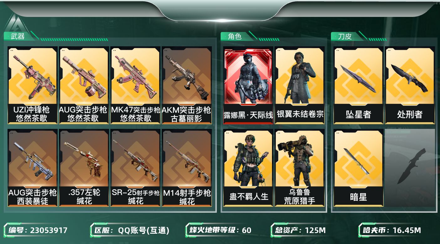 三角洲行动账号QQ【SJZDHC3814】DHC20496 天际线/7金皮/暗星/坠星/100流动/125m总资产-1