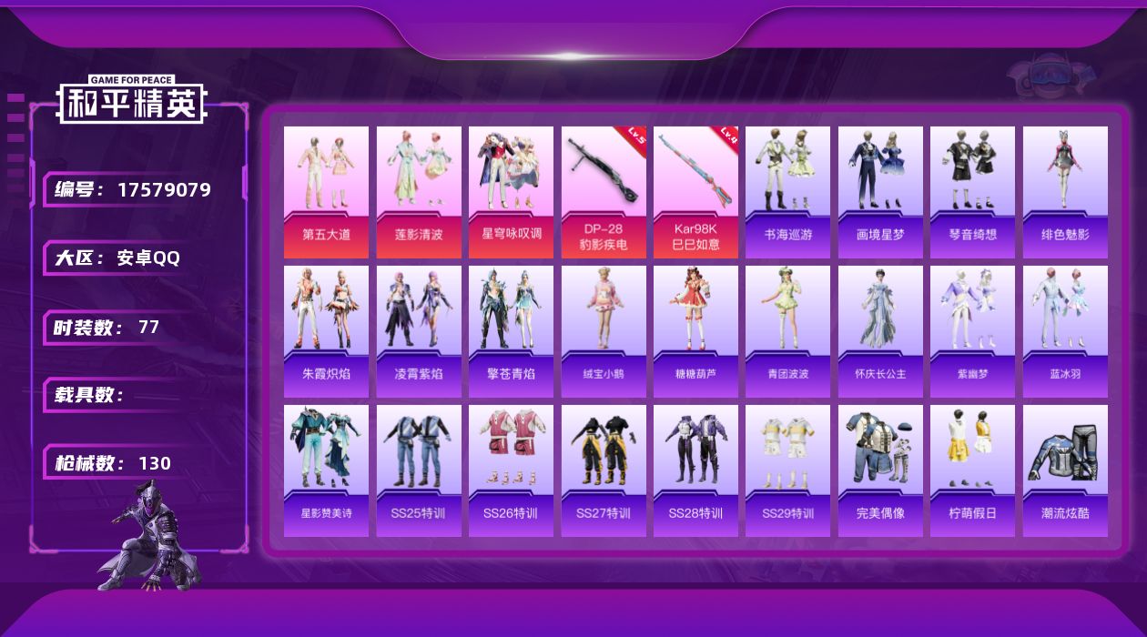 和平精英账号安卓QQ[17579079]【特价出售/店主推荐】安卓 手Q-3粉装-3特效枪-0载具-1粉色飞行器-36129热力值-1王牌印记-77套装-130枪皮【粉色套装】：粉装-第五大道，粉装-莲影清波，粉装-星穹