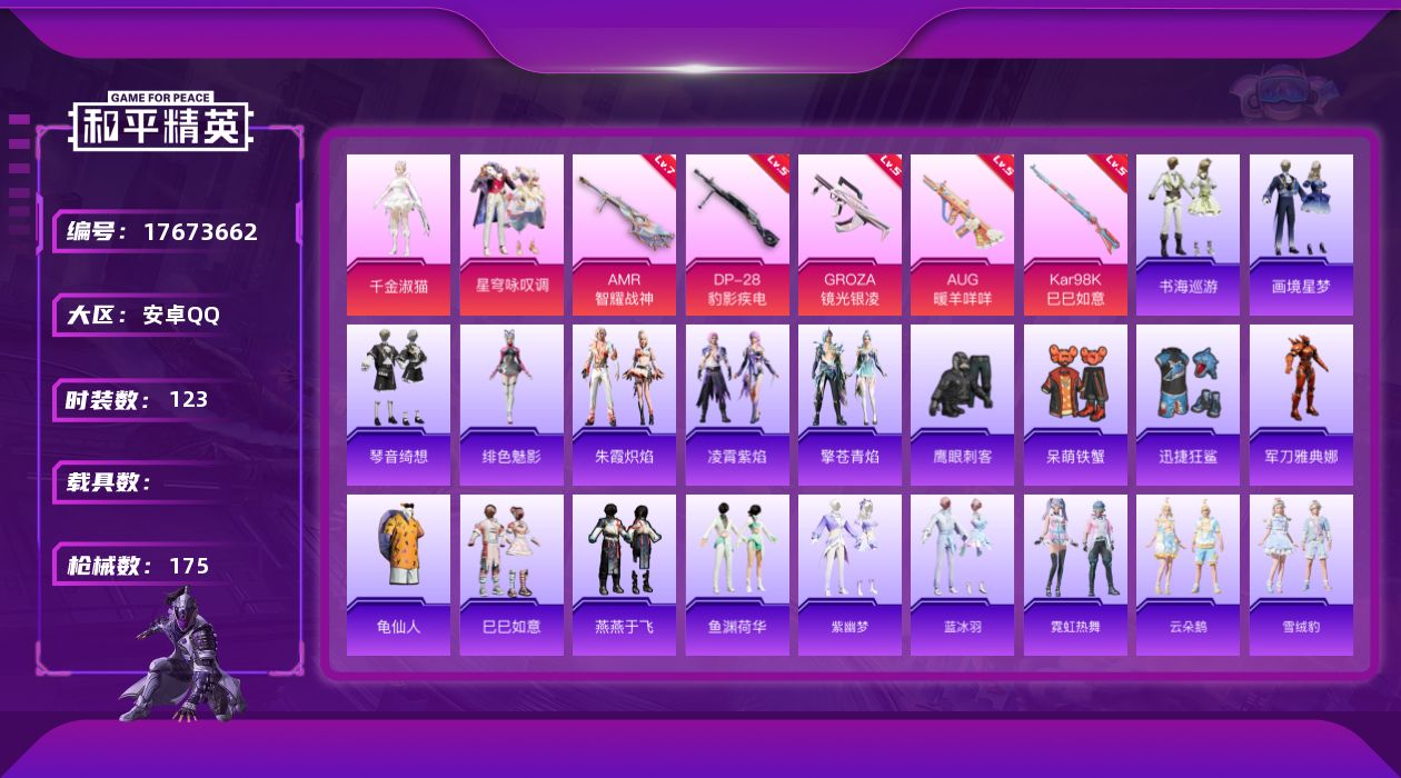 和平精英账号安卓QQ[17673662]安卓 手Q-2粉装-7特效枪-0载具-1粉色飞行器-44260热力值-2王牌印记-123套装-175枪皮
【热门品类】：角色-军刀雅典娜，套装-龟仙人
【粉色套装】：角色-千金淑猫