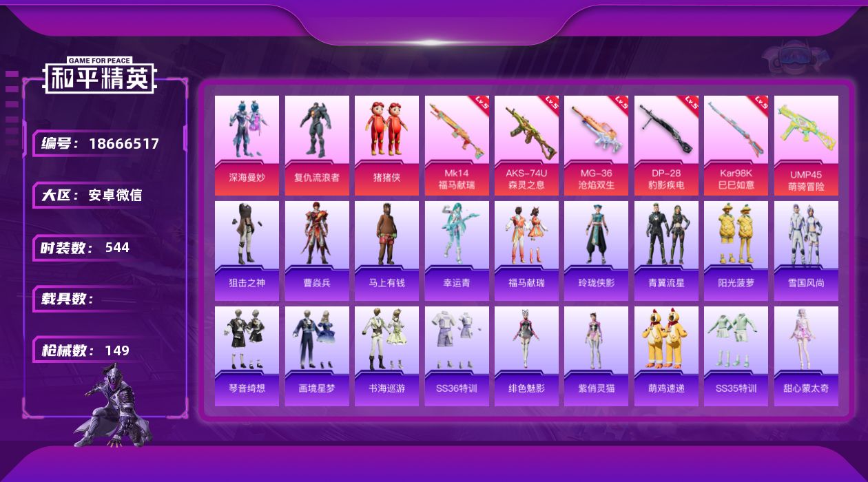 和平精英账号安卓微信[18666517]3粉装 6特效枪 7印记 可二次 可修改实名   有社交场景限制
【热门装扮】深