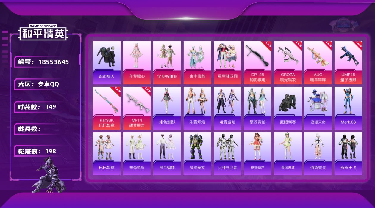 和平精英账号安卓QQ[18553645]安卓 手Q-4粉装-9特效枪-0载具-3粉色飞行器-55504热力值-4王牌印记-149套装-198枪皮
【热门品类】：套装-浪漫天命，套装-都市猎人，套装-AG战队服，角色-Ma
