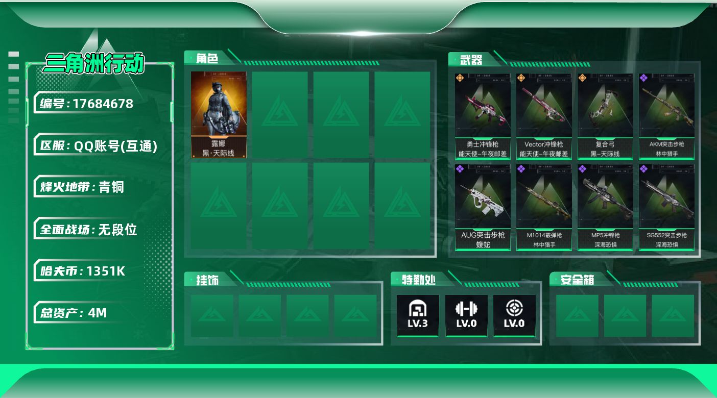 三角洲行动账号QQ【4795】4m总资产-1351k哈伏币-37烽火等级-青铜-5战场等级-无军衔
【干员外观】：露娜