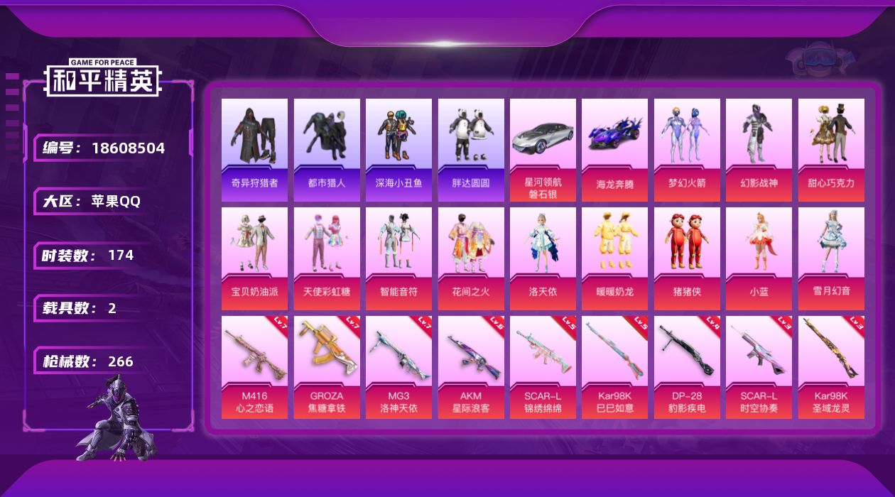 和平精英账号苹果QQ[18608504]粉装13/粉枪9/载具2/珍稀飞行器72267,72265,72307,72313,114161/套装174/枪皮266/热力值88494/历史最高段位:无敌战神框/Lv:64/六