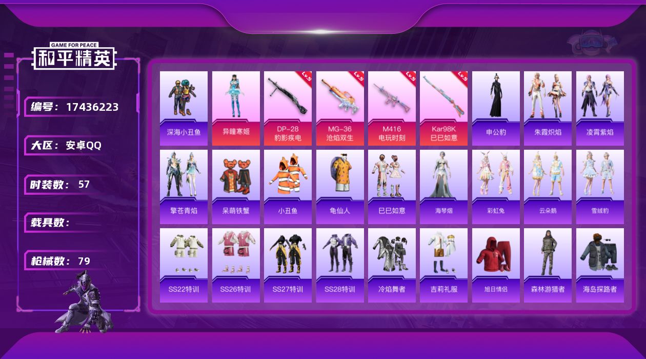 和平精英账号安卓QQ[17436223]安卓 手Q-1粉装-5特效枪-0载具-1粉色飞行器-23693热力值-3王牌印记-57套装-79枪皮
【热门品类】：套装-深海小丑鱼，套装-小丑鱼，套装-龟仙人
【粉色套装】：角色
