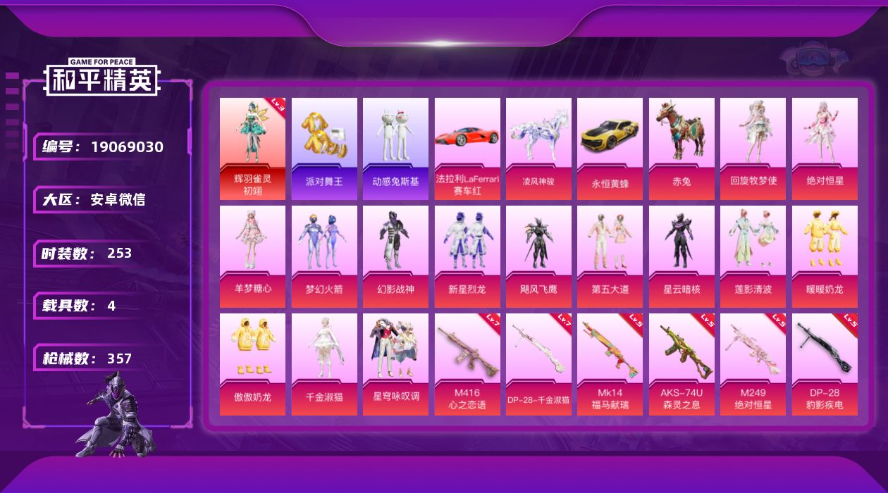 和平精英账号安卓微信[19069030]"DAS11230 可二次  安卓V-1红装3稀有4载具14粉装12特效枪17热门253套装357枪皮 119884热力值 21印记 历史绝世王牌23星 辉羽雀灵-初翊 (3级) 