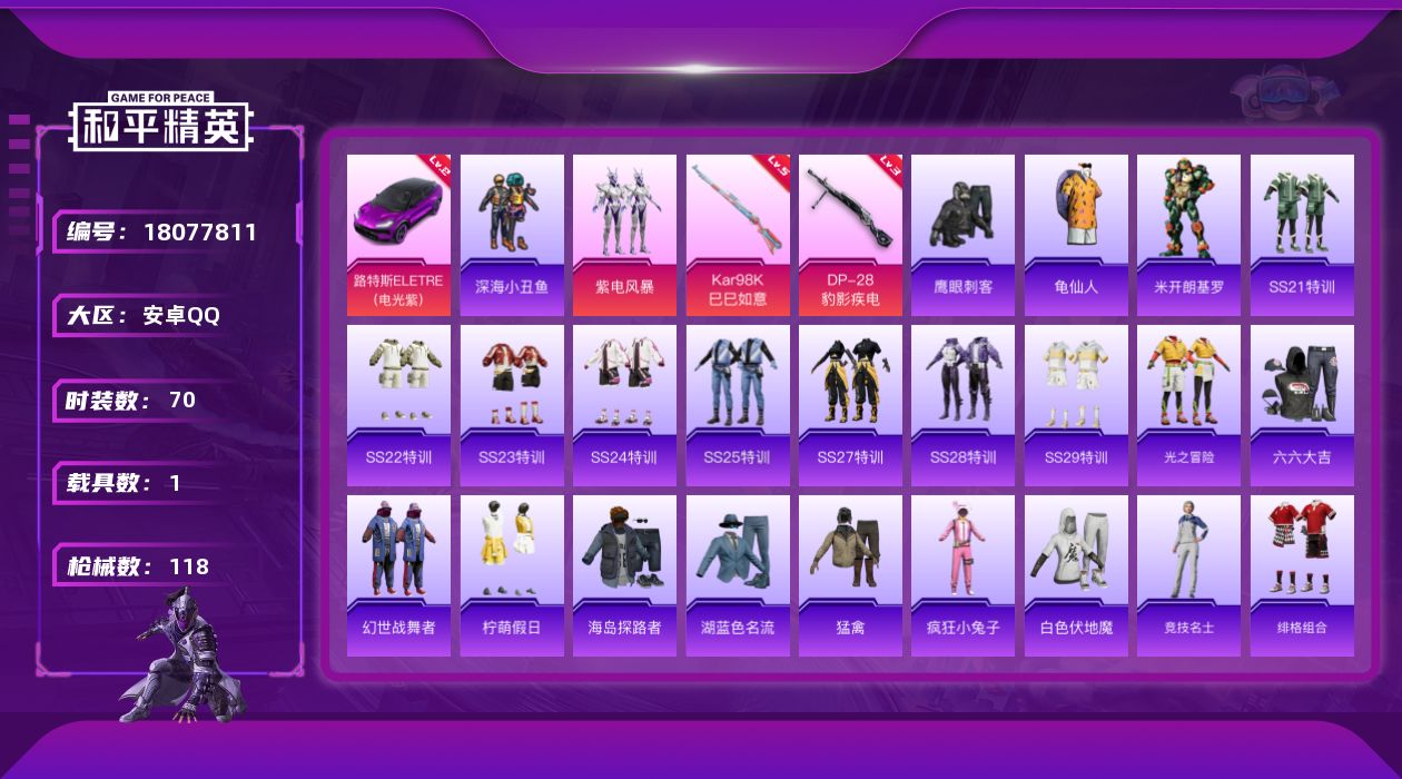和平精英账号安卓QQ[18077811]【店主推荐捡漏号！可直接换绑】安卓 手Q-1粉装-4特效枪-1载具-2粉色飞行器-33326热力值-1王牌印记-70套装-118枪皮
【红色载具】：路特斯ELETRE（电光紫）(二