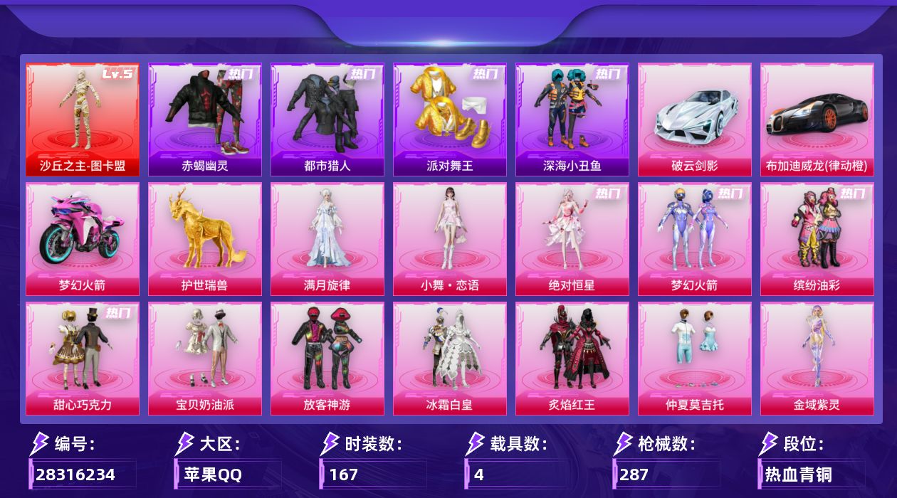 [28316234]苹果手Q-历史最高段位：无敌战神-1神装-18粉装-19特效枪-4载具-15粉色飞行器-99497热力值-15王牌印记-167套装-287枪皮
【红色神装等级】：沙丘之主-图卡盟(五级)
【红色角色神装】：沙丘之主-图卡盟
【热门品类】：粉装-梦幻火箭，粉装-缤纷油彩，套装-浪漫天命，套装-赤蝎幽灵，套装-都市猎人，套装-派对舞王，套装-深海小丑鱼，套装-粉红小猪，角色-8号机，角色-Mark.06，套装-红熊茄茄
【粉色套装】：角色-绝对恒星，角色-满月旋律，粉装-碎梦浮光，粉装-甜心巧克力，粉装-宝贝奶油派，粉装-梦幻火箭，粉装-缤纷油彩，粉装-放客神游，粉装-冰霜白皇，粉装-炙焰红王，粉装-仲夏莫吉托，角色-金域紫灵，角色-千金淑猫，粉装-幻彩电音，人物-小舞·恋语，人物-洛天依，人物-洛天依·龙灵，人物-洛天依·星霓
【粉色枪皮等级】：轻型迫击炮-酷夏轰炸(一级)，Vector-流风之羽(五级)，AKM-满月旋律(四级)，GROZA-幻音九尾(三级)，AUG-星梦奇缘(三级)，M762-鬼刀(二级)，蜜獾-奇幻森林(五级)，UMP45-宇宙意志(三级)，汤姆逊-玉魄流云(五级)，P90-金丰海韵(六级)，Kar98K-巳巳如意(五级)，Mk14-福马献瑞(五级)，M417-第五大道(一级)，AA12-G-其乐融融(四级)，M249-绝对恒星(三级)，DP-28-豹影疾电(五级)，MG3-辉羽雀灵(三级)，信号枪-金乌曜日(六级)，燃烧瓶-天降桃花(七级)
【粉色载具】：布加迪威龙（律动橙），破云剑影，双人摩托-梦幻火箭，护世瑞兽
【粉色枪皮】：Vector-流风之羽，轻型迫击炮-酷夏轰炸，AKM-满月旋律，GROZA-幻音九尾，AUG-星梦奇缘，M762-鬼刀，蜜獾-奇幻森林，UMP45-宇宙意志，汤姆逊-玉魄流云，P90-金丰海韵，Kar98K-巳巳如意，Mk14-福马献瑞，M417-第五大道，AA12-G-其乐融融，M249-绝对恒星，DP-28-豹影疾电，MG3-辉羽雀灵，信号枪-金乌曜日，燃烧瓶-天降桃花
【粉色飞行器】：酣梦熊熊飞行器，绝对恒星飞行器，香车宝马飞行器，炫彩糖果飞行器，满月旋律飞行器，龙翔九天飞行器，深渊漩涡飞行器，幽焰列车飞行器，万象金身飞行器，雀灵庇佑飞行器，时光之吻飞行器，双重狂想飞行器，飞天猪飞行器，幻光九尾飞行器，剑影随行