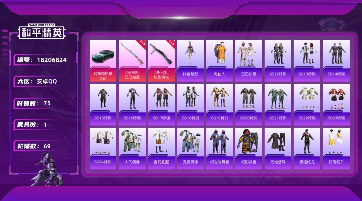 和平精英账号安卓QQ[18206824]安卓 手Q-0粉装-3特效枪-1载具-0粉色飞行器-22275热力值-1王牌印记-75套装-69枪皮
【热门品类】：套装-龟仙人
【粉色枪皮等级】：Kar98K-巳巳如意(五级)，