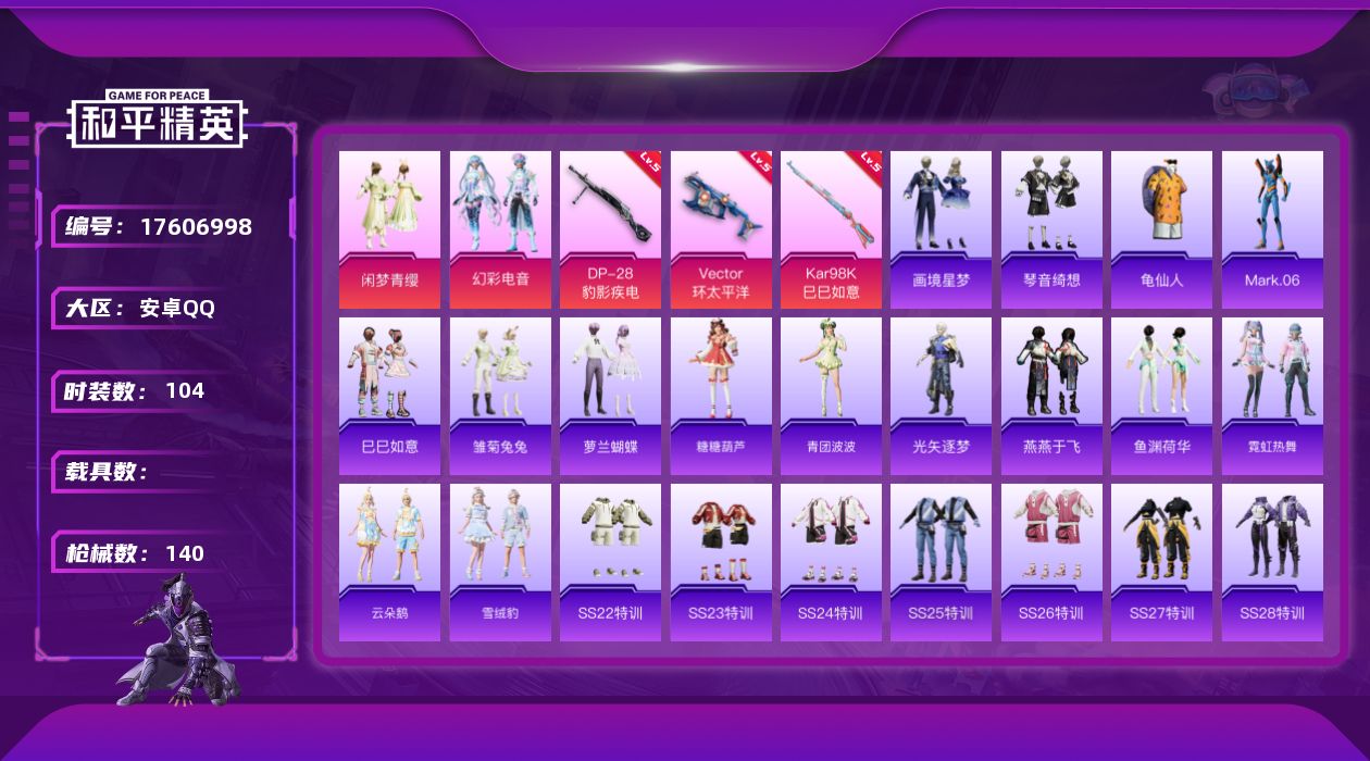 和平精英账号安卓QQ[17606998]可二次【特价出售/店主推荐】安卓 手Q-2粉装-6特效枪-0载具-1粉色飞行器-38976热力值-13王牌印记-104套装-140枪皮
【热门品类】：套装-龟仙人，角色-Mark.