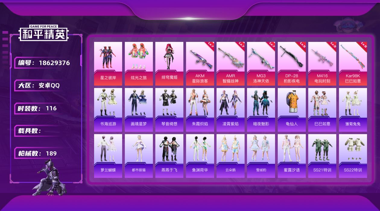 和平精英账号安卓QQ[18629376]安卓 手Q-4粉装-8特效枪-0载具-2粉色飞行器-53616热力值-7王牌印记-116套装-189枪皮
【热门品类】：套装-龟仙人
【粉色套装】：粉装-星之彼岸，粉装-炫光之旅，