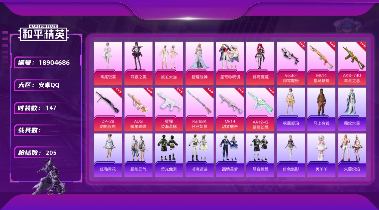 和平精英账号安卓QQ[18904686]安卓 手Q-6粉装-9特效枪-0载具-2粉色飞行器-59089热力值-4王牌印记-147套装-205枪皮
【热门品类】：套装-龟仙人
【粉色套装】：粉装-第五大道，角色-智耀战神，