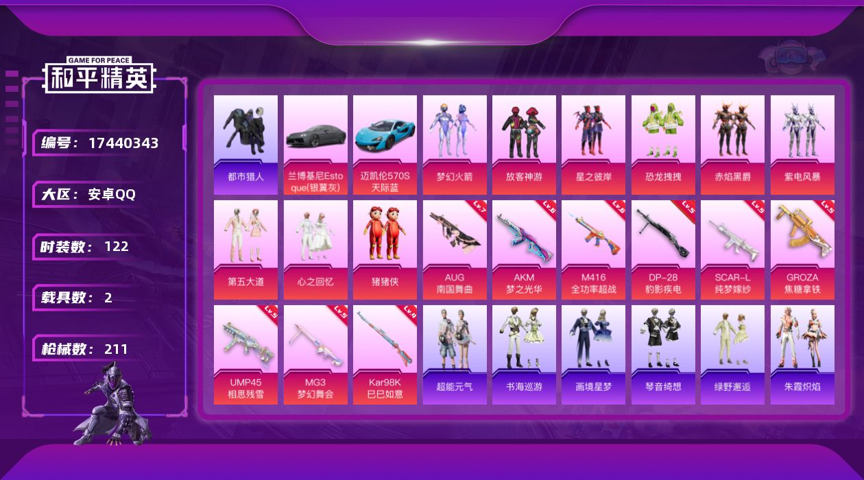和平精英账号安卓QQ[17440343]安卓 手Q-10粉装-10特效枪-2载具-6粉色飞行器-65624热力值-8王牌印记-122套装-211枪皮
【热门品类】：粉装-梦幻火箭，套装-都市猎人，套装-小丑鱼，角色-军刀