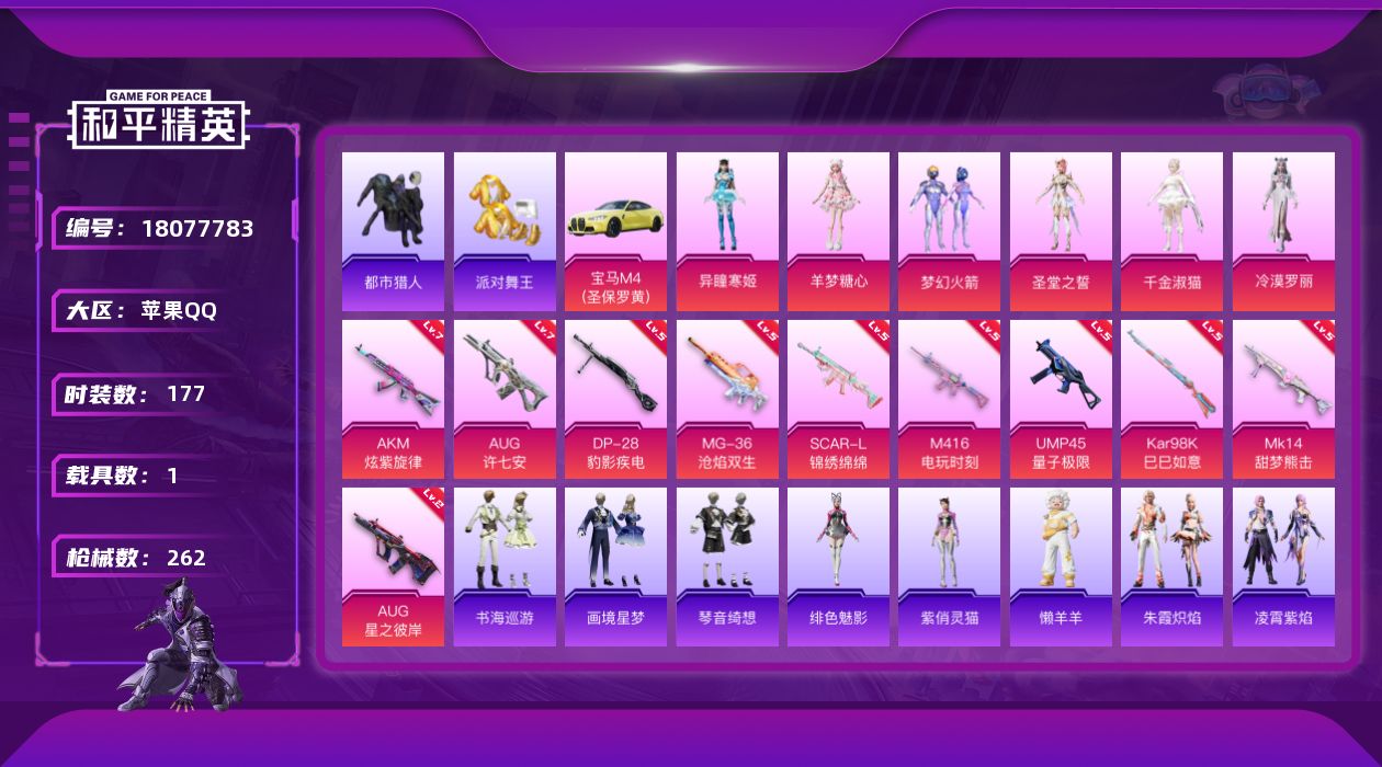 和平精英账号苹果QQ[18077783]【店主推荐捡漏号！可直接换绑】苹果 手Q-6粉装-13特效枪-1载具-4粉色飞行器-80462热力值-14王牌印记-177套装-262枪皮
【热门品类】：粉装-梦幻火箭，套装-浪漫