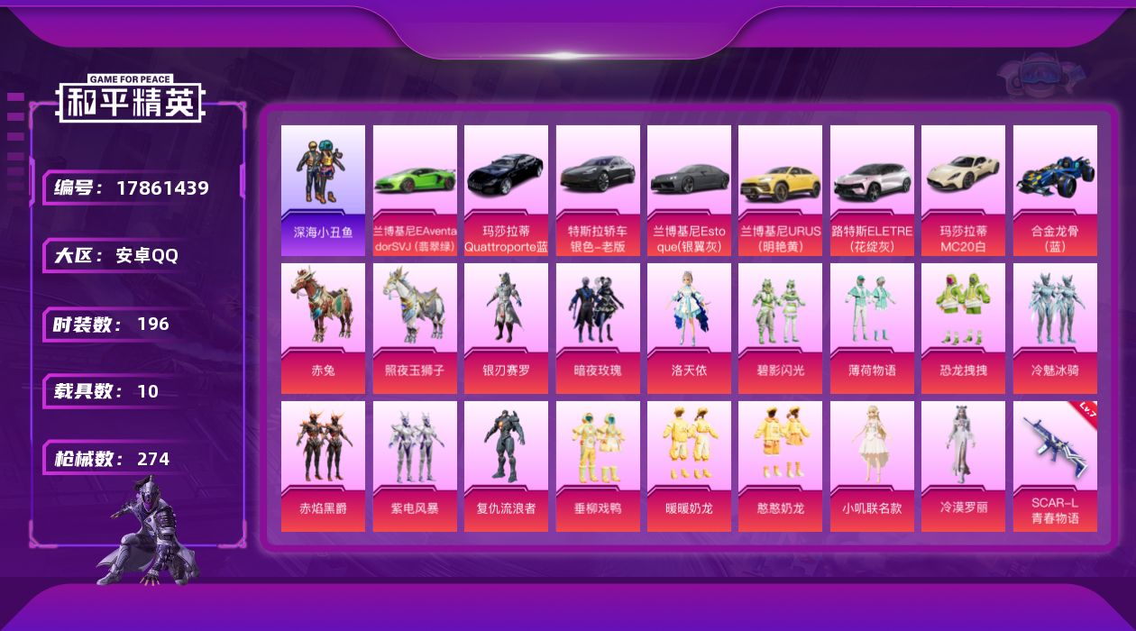 和平精英账号安卓QQ[17861439]【特价出售/店主推荐】安卓 手Q-15粉装-13特效枪-10载具-6粉色飞行器-117219热力值-11王牌印记-196套装-274枪皮
【热门品类】：套装-深海小丑鱼，角色-军刀