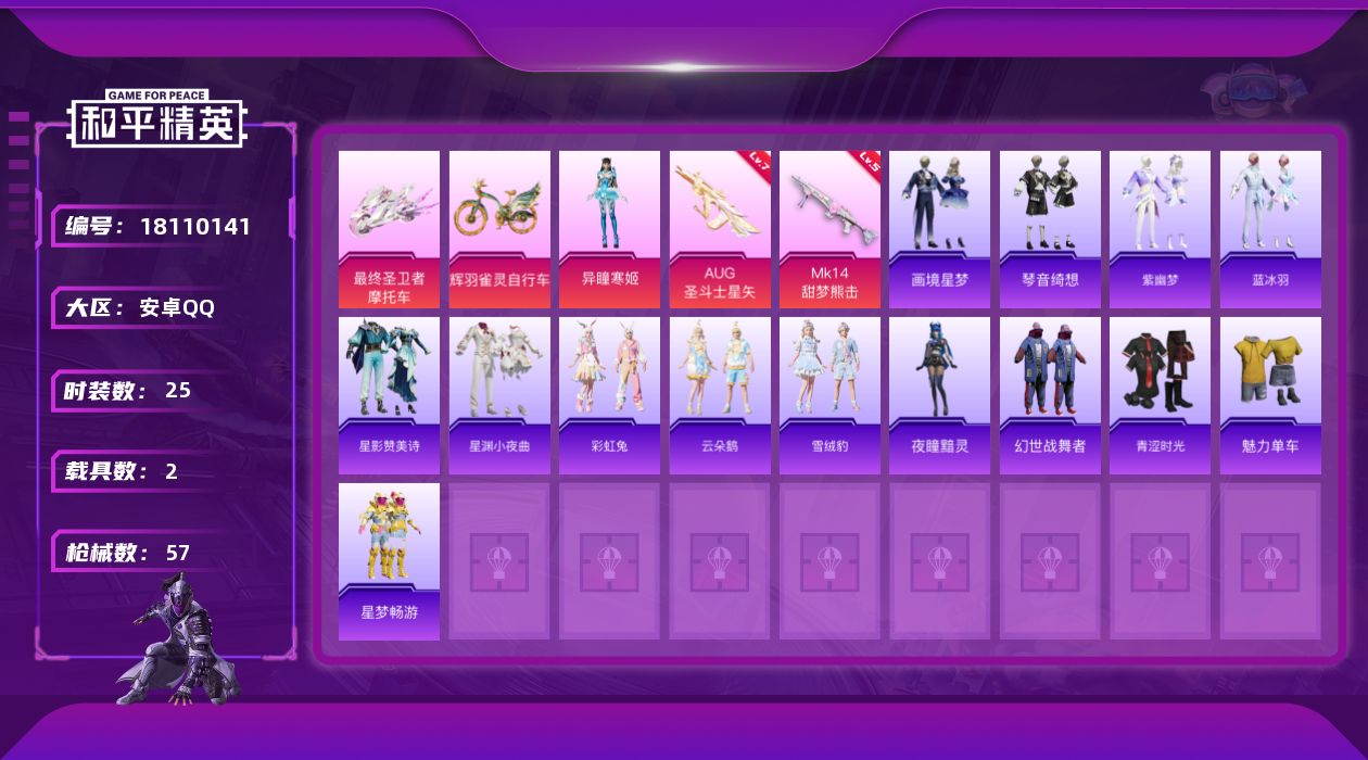 和平精英账号安卓QQ[18110141]【特价出售/店主推荐】安卓 手Q-1粉装-4特效枪-2载具-2粉色飞行器-17363热力值-2王牌印记-25套装-57枪皮【粉色套装】：角色-异瞳寒姬【粉色枪皮等级】：AUG-圣斗