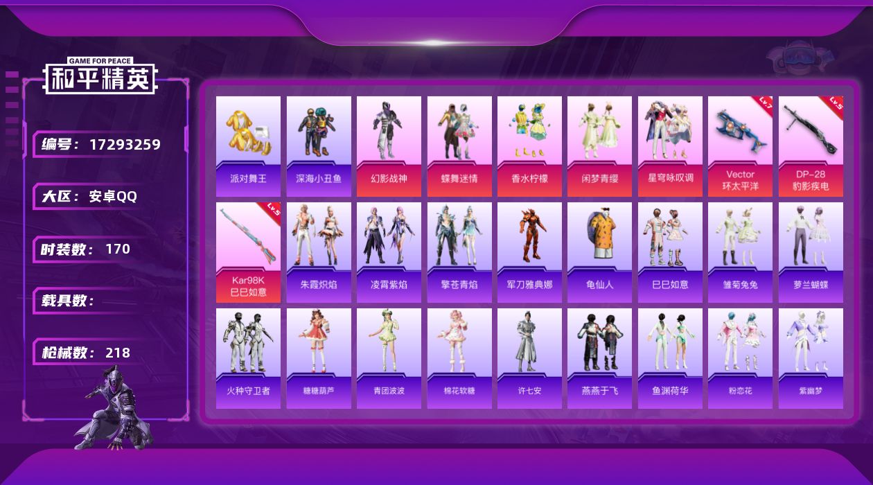 和平精英账号安卓QQ[17293259]安卓 手Q-5粉装-4特效枪-0载具-1粉色飞行器-66214热力值-16王牌印记-170套装-218枪皮
【热门品类】：套装-派对舞王，套装-深海小丑鱼，角色-军刀雅典娜，套装-