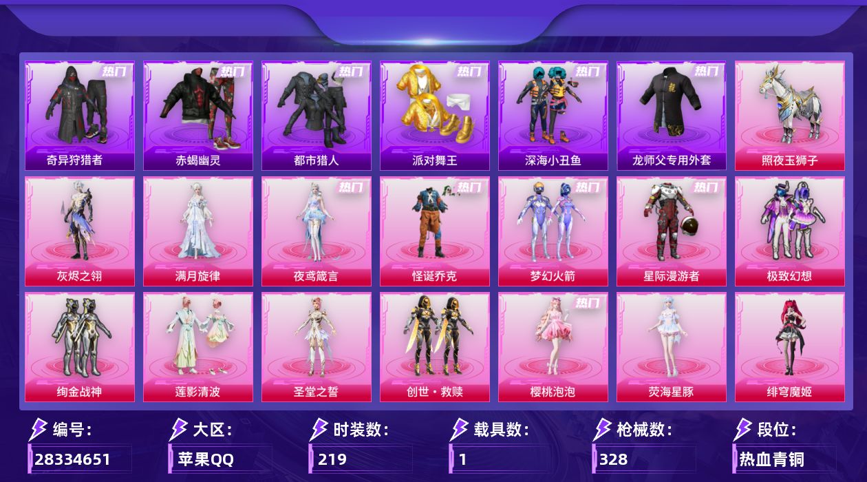 [28334651]苹果手Q-历史最高段位：无敌战神-14粉装-20特效枪-1载具-7粉色飞行器-107088热力值-17王牌印记-219套装-328枪皮
【热门品类】：粉装-怪诞乔克，粉装-梦幻火箭，套装-浪漫天命，套装-太空漫步，套装-赤蝎幽灵，套装-都市猎人，套装-派对舞王，套装-深海小丑鱼，套装-奇异狩猎者，套装-忍者信条，套装-龟仙人，套装-暗影哥特，角色-Mark.06，撬棍-龙胆亮银枪，师父专用外套，熔岩游骑兵连帽夹克
【粉色套装】：角色-满月旋律，角色-灰烬之翎，粉装-星际漫游者，粉装-怪诞乔克，粉装-梦幻火箭，粉装-极致幻想，粉装-绚金战神，粉装-莲影清波，角色-圣堂之誓，套装-创世·救赎，角色-樱桃泡泡，角色-荧海星豚，角色-绯穹魔姬，角色-夜鸢箴言
【粉色枪皮等级】：轻型迫击炮-酷夏轰炸(四级)，AKM-绿萝繁花(五级)，AKM-满月旋律(五级)，SCAR-L-锦绣绵绵(五级)，M416-五爪金龙(五级)，M416-灵猫魔法师(三级)，GROZA-镜光银凌(五级)，AUG-暖羊咩咩(五级)，AUG-圣斗士星矢(六级)，蜜獾-奇幻森林(五级)，ARX-无垠阁(五级)，汤姆逊-玉魄流云(五级)，AKS-74U-无垠阁(三级)，Kar98K-巳巳如意(五级)，M24-莲影清波(五级)，M417-灰烬之翎(四级)，AA12-G-其乐融融(五级)，DP-28-圣堂之誓(五级)，DP-28-豹影疾电(五级)，烟雾弹-日月星辰(五级)
【粉色载具】：照夜玉狮子
【粉色枪皮】：轻型迫击炮-酷夏轰炸，AKM-绿萝繁花，AKM-满月旋律，SCAR-L-锦绣绵绵，M416-五爪金龙，M416-灵猫魔法师，GROZA-镜光银凌，AUG-暖羊咩咩，AUG-圣斗士星矢，蜜獾-奇幻森林，ARX-无垠阁，汤姆逊-玉魄流云，AKS-74U-无垠阁，Kar98K-巳巳如意，M24-莲影清波，M417-灰烬之翎，AA12-G-其乐融融，DP-28-圣堂之誓，DP-28-豹影疾电，烟雾弹-日月星辰
【粉色飞行器】：满月旋律飞行器，灰烬之翎飞行器，齐天大圣飞行器，镜光幻境飞行翼，纱华羽翼飞行器，惊雷剑影飞行器
【粉色降落伞】：满月旋律降落伞，灰烬之翎降落伞，极限特训降落伞，幻影战神降落伞，星际漫游者降落伞，春暖花开降落伞，梦幻火箭降落伞，香水柠檬降落伞，洛神天依降落伞，莲影清波降落伞，龙行天下降落伞，圣