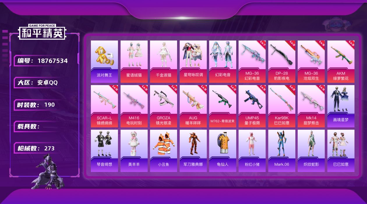 和平精英账号安卓QQ[18767534]安卓 手Q-4粉装-14特效枪-0载具-5粉色飞行器-84152热力值-16王牌印记-190套装-273枪皮
【热门品类】：套装-派对舞王，套装-小丑鱼，角色-军刀雅典娜，套装-龟