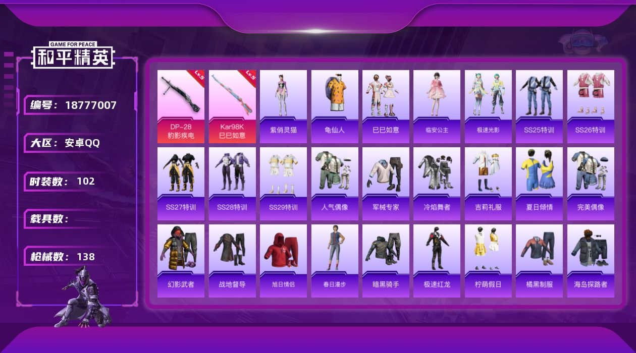 和平精英账号安卓QQ[18777007]安卓 手Q-1粉装-4特效枪-0载具-1粉色飞行器-32235热力值-5王牌印记-102套装-138枪皮
【热门品类】：套装-龟仙人
【粉色套装】：角色-虎痴许褚
【粉色枪皮等级】