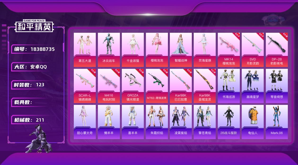 和平精英账号安卓QQ[18388735]安卓 手Q-7粉装-11特效枪-0载具-8粉色飞行器-63543热力值-10王牌印记-123套装-211枪皮
【热门品类】：角色-2B战斗服款，套装-龟仙人，角色-Mark.06
