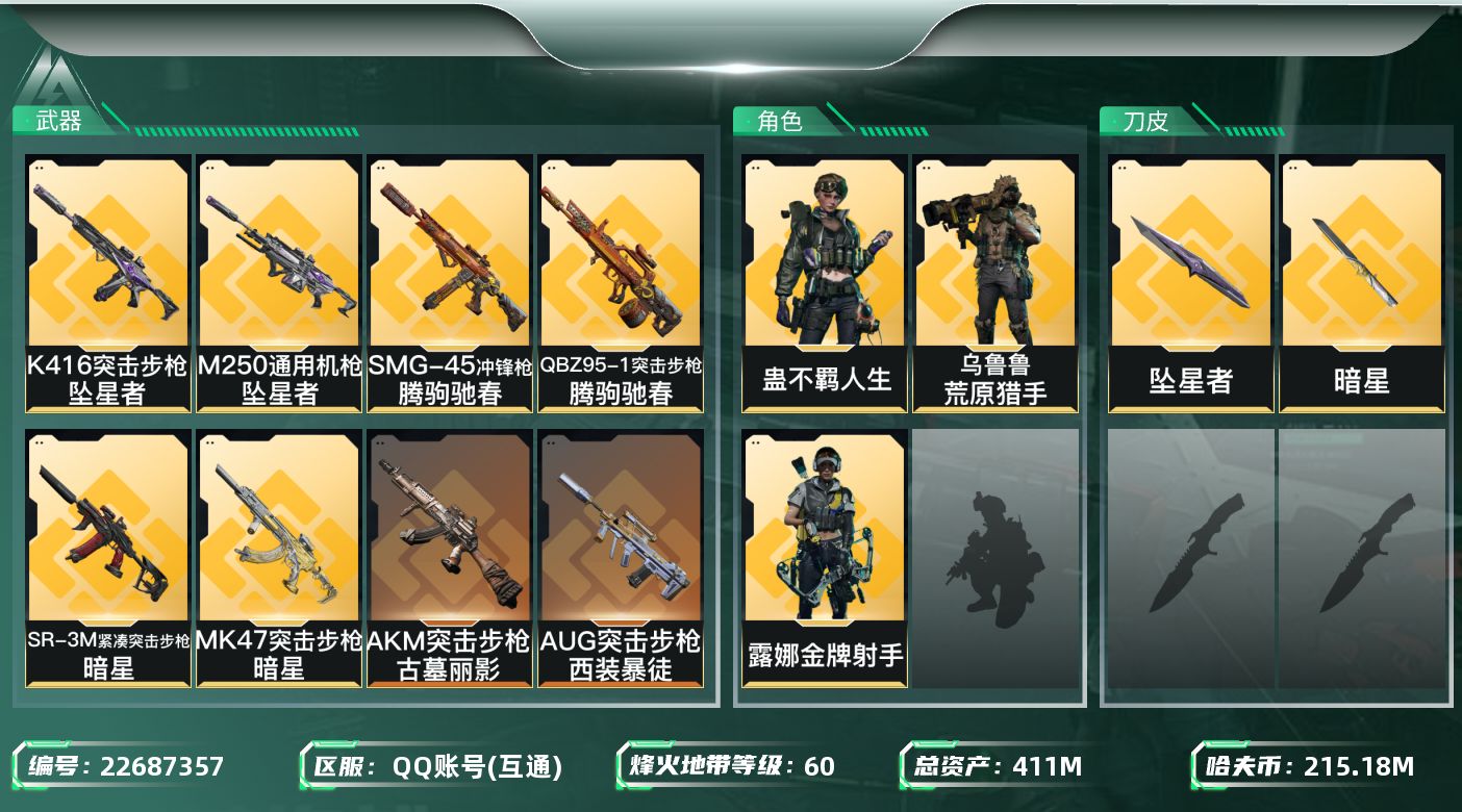 三角洲行动账号QQ【wf1491】wf1491 总资产407M/387M 纯币215M 2刀 3金  坠星者 暗星
4