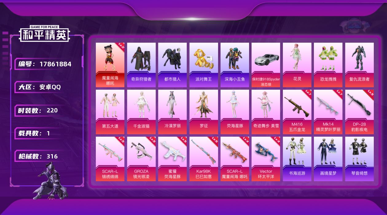 和平精英账号安卓QQ[17861884]【特价出售/店主推荐】安卓 手Q-1神装-10粉装-12特效枪-1载具-9粉色飞行器-105933热力值-19王牌印记-220套装-316枪皮【红色神装等级】：魔童闹海-哪吒(二级
