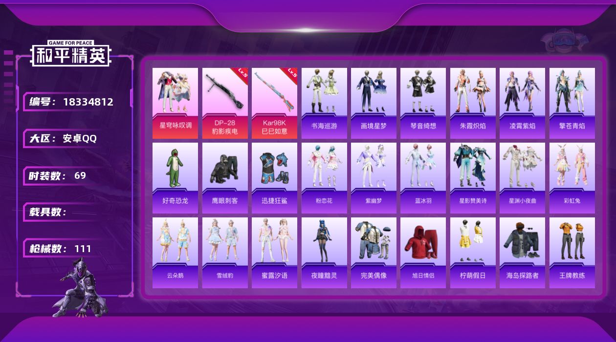 和平精英账号安卓QQ[18334812]安卓 手Q-3粉装-5特效枪-0载具-0粉色飞行器-27145热力值-3王牌印记-69套装-111枪皮
【粉色套装】：粉装-星穹咏叹调，角色-罪夜之冕，角色-烬夜之誓
【粉色枪皮等