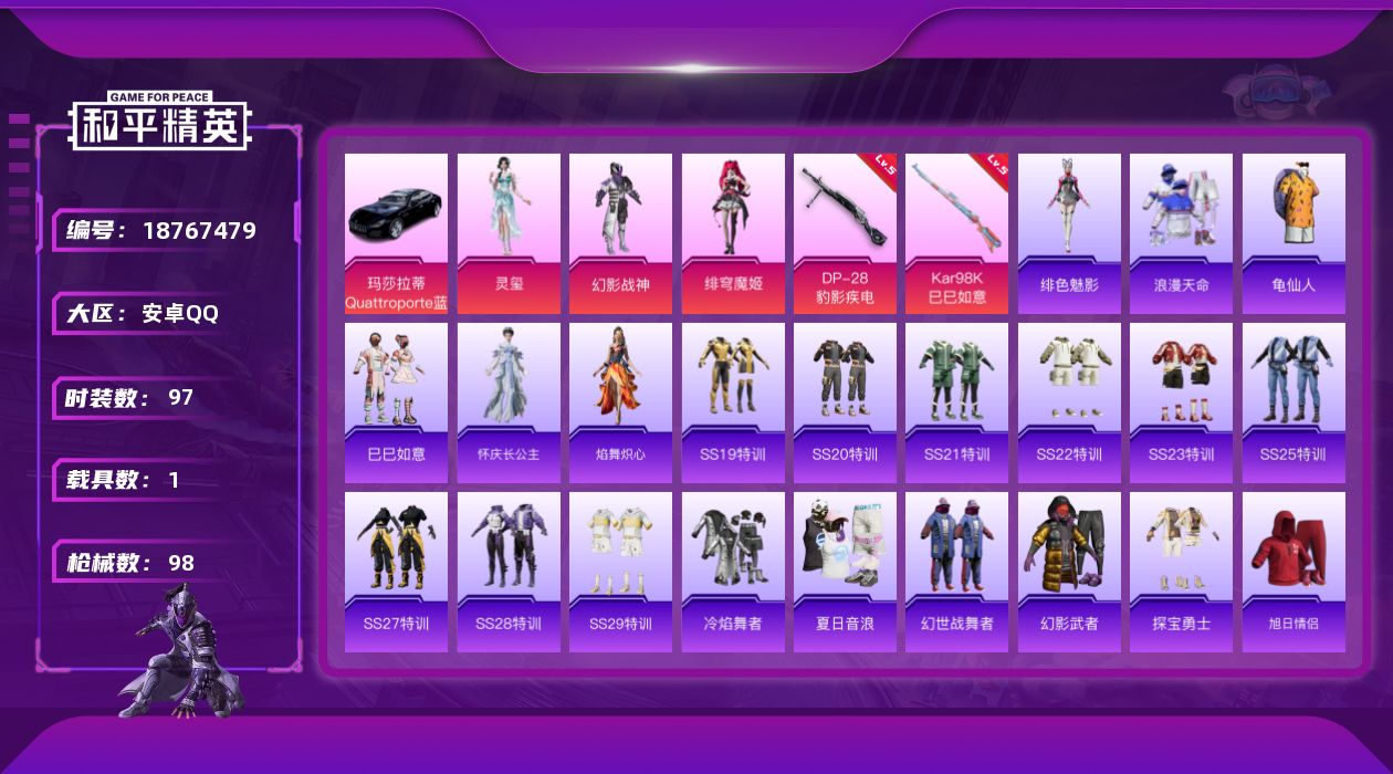 和平精英账号安卓QQ[18767479]安卓 手Q-3粉装-5特效枪-1载具-1粉色飞行器-32664热力值-4王牌印记-97套装-98枪皮
【热门品类】：套装-浪漫天命，套装-龟仙人
【粉色套装】：粉装-幻影战神，角色