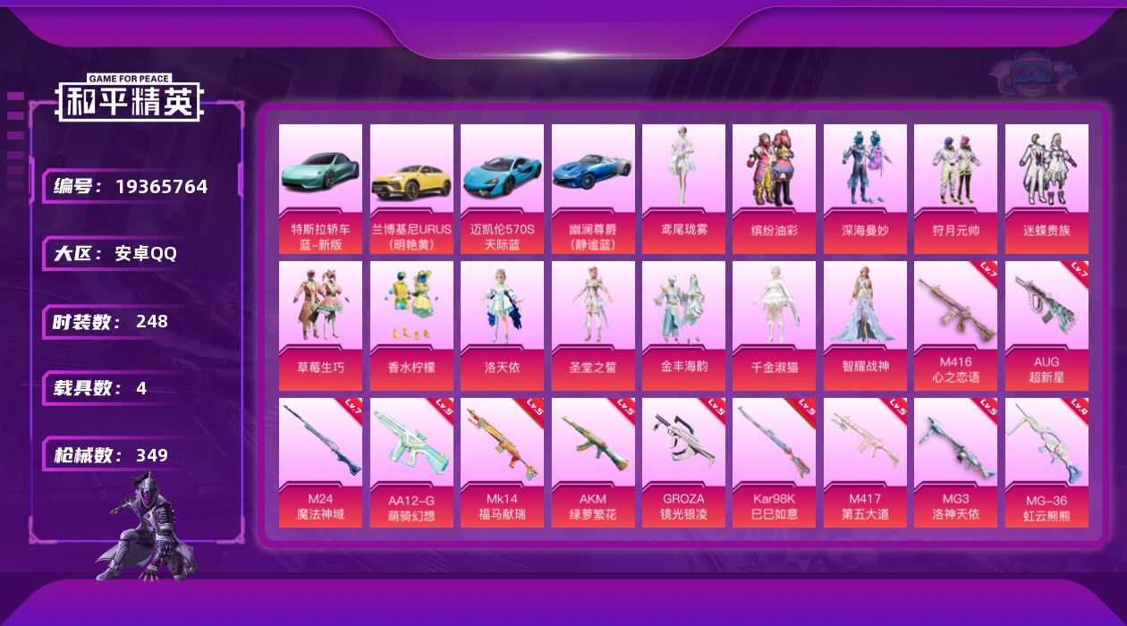 和平精英账号安卓QQ[19365764]安卓 手Q-12粉装-16特效枪-4载具-6粉色飞行器-120039热力值-28王牌印记-248套装-349枪皮
【热门品类】：粉装-缤纷油彩，套装-SS1特训，套装-龟仙人，套装