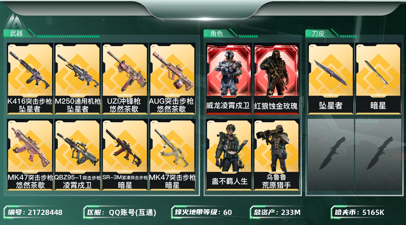 三角洲行动账号QQ【SJZDHC3054】DHC32028 暗星/坠星者/黑狼/白龙 233m总资产-5165k哈夫币
