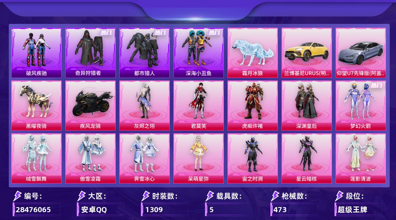 []22粉装 21特效枪 5载具 24印记 不可二次 不可修改实名 
【热门装扮】湮灭星辰,幻彩电音,狂魅哈莉,绯穹魔姬,千金淑猫,奇异狩猎者,雪月幻音,君莫笑,皎白汐音,灰烬之翎,雨过天青,虎痴许褚,极地冰晶,梦幻火箭(新101) ,深渊皇后,绒雪飘舞,傲雪凌霜,霁雪冰心,仲夏莫吉