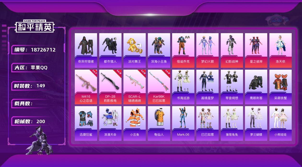 和平精英账号苹果QQ[18726712]身法素材号/绝世印记1 可二次【特价出售/店主推荐--热门套装怪诞乔克新101洛天依/浪漫天命/都市金鞋小丑鱼/小螳螂】苹果 手Q-5粉装-5特效枪-0载具-3粉色飞行器-6054