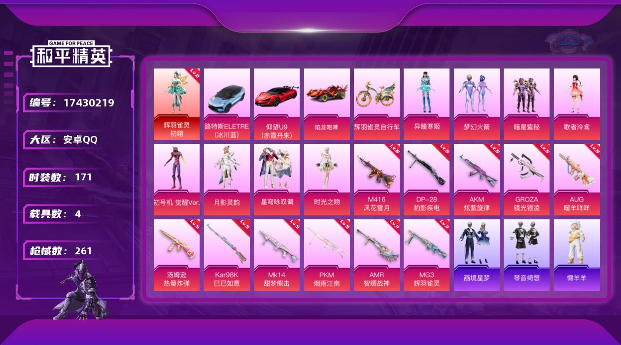 和平精英账号安卓QQ[17430219]安卓 手Q-1神装-8粉装-14特效枪-4载具-7粉色飞行器-85649热力值-12王牌印记-171套装-261枪皮
【红色神装等级】：辉羽雀灵-初翊(二级)
【红色角色神装】：辉