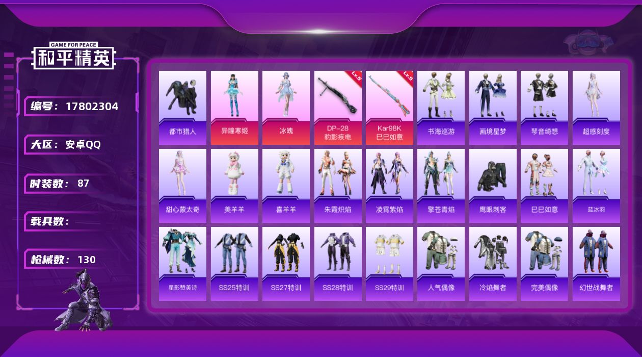 和平精英账号安卓QQ[17802304]安卓 手Q-2粉装-5特效枪-0载具-2粉色飞行器-31786热力值-5王牌印记-87套装-130枪皮
【热门品类】：套装-都市猎人
【粉色套装】：角色-冰魄，角色-异瞳寒姬
【粉