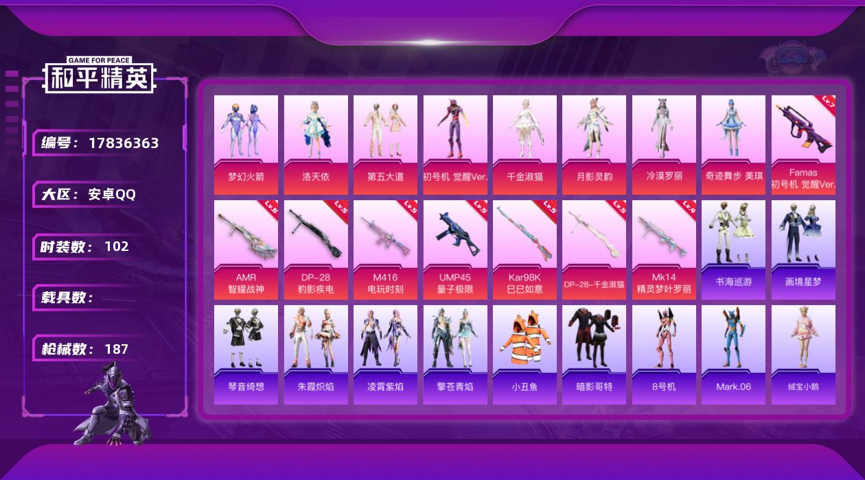 和平精英账号安卓QQ[17836363]安卓 手Q-9粉装-12特效枪-0载具-2粉色飞行器-54942热力值-2王牌印记-102套装-187枪皮
【热门品类】：粉装-梦幻火箭，套装-小丑鱼，套装-暗影哥特，角色-8号机