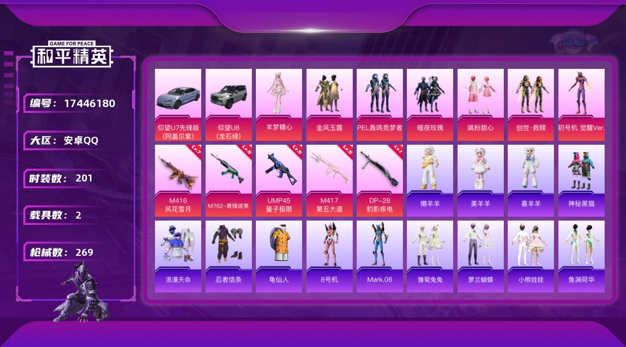 和平精英账号安卓QQ[17446180]【店主推荐捡漏号】安卓 手Q-7粉装-5特效枪-2载具-2粉色飞行器-84124热力值-11王牌印记-201套装-269枪皮【热门品类】：套装-浪漫天命，套装-忍者信条，套装-龟仙