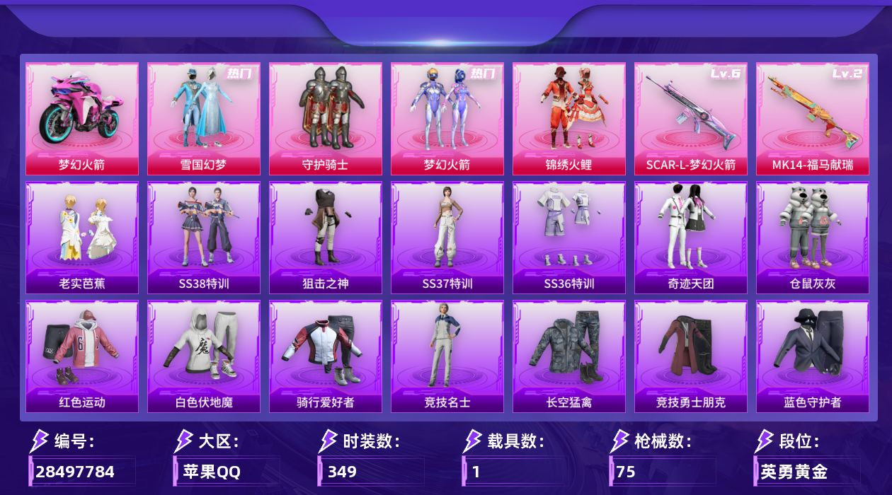[]4粉装 2特效枪 1载具 6印记 可二次 可修改实名 
【热门装扮】梦幻火箭(新101) ,雪国幻梦(冰雪女王),守护骑士,锦绣火鲤,奇迹天团,仓鼠灰灰
【载具】双人摩托-梦幻火箭
【稀有枪皮】MK14-福马献瑞,SCAR-L梦幻火箭
【六级特效枪】六级SCAR-L-梦幻火箭
【