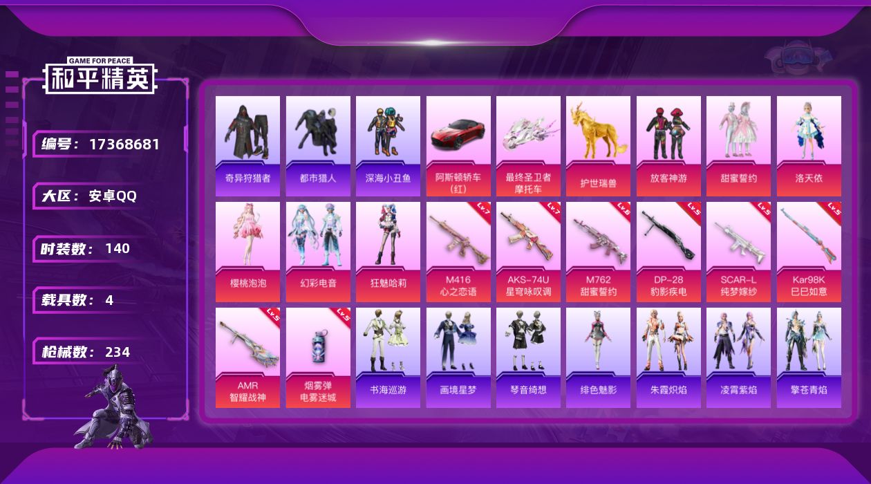 和平精英账号安卓QQ[17368681]安卓 手Q-6粉装-9特效枪-4载具-7粉色飞行器-70882热力值-11王牌印记-140套装-234枪皮
【热门品类】：套装-浪漫天命，套装-都市猎人，套装-深海小丑鱼，套装-奇