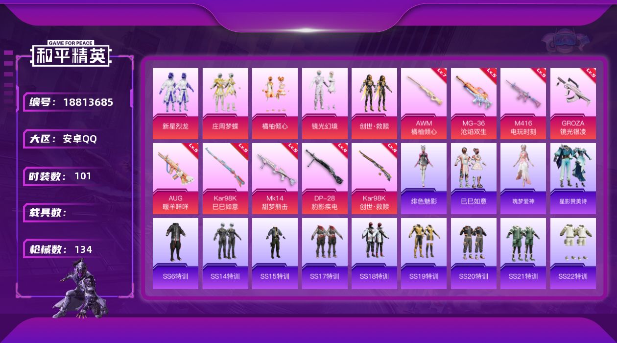 和平精英账号安卓QQ[18813685]安卓 手Q-5粉装-10特效枪-0载具-3粉色飞行器-46907热力值-1王牌印记-101套装-134枪皮
【粉色套装】：粉装-新星烈龙，粉装-庄周梦蝶，粉装-橘柚倾心，粉装-镜光